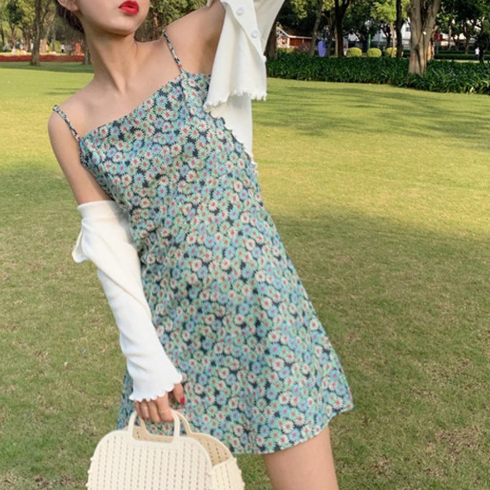 nwt green floral mini dress spaghetti strap